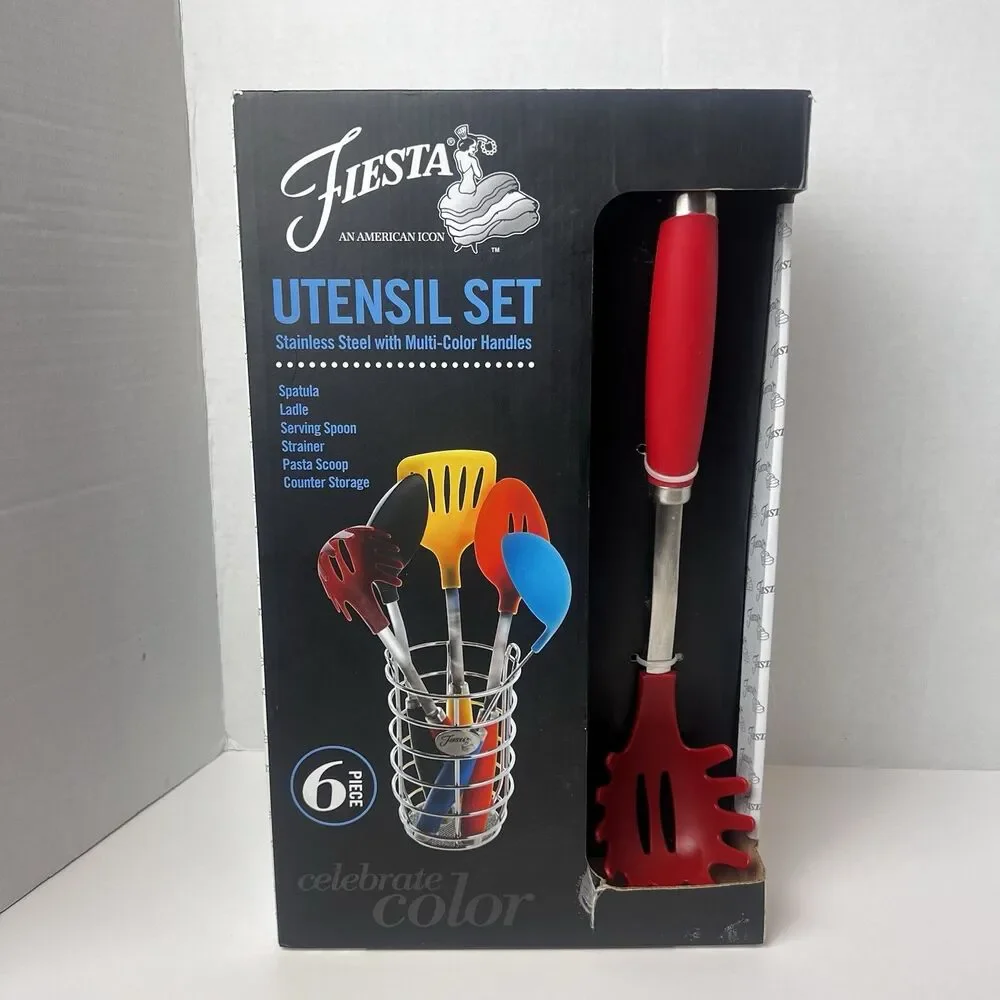 New In Box Fiesta Celebrate Color 6 Piece Utensil Set with Storage Caddy